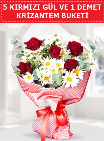 5 adet kırmızı gül ve krizantem buketi  Kırşehir çiçek gönderme 